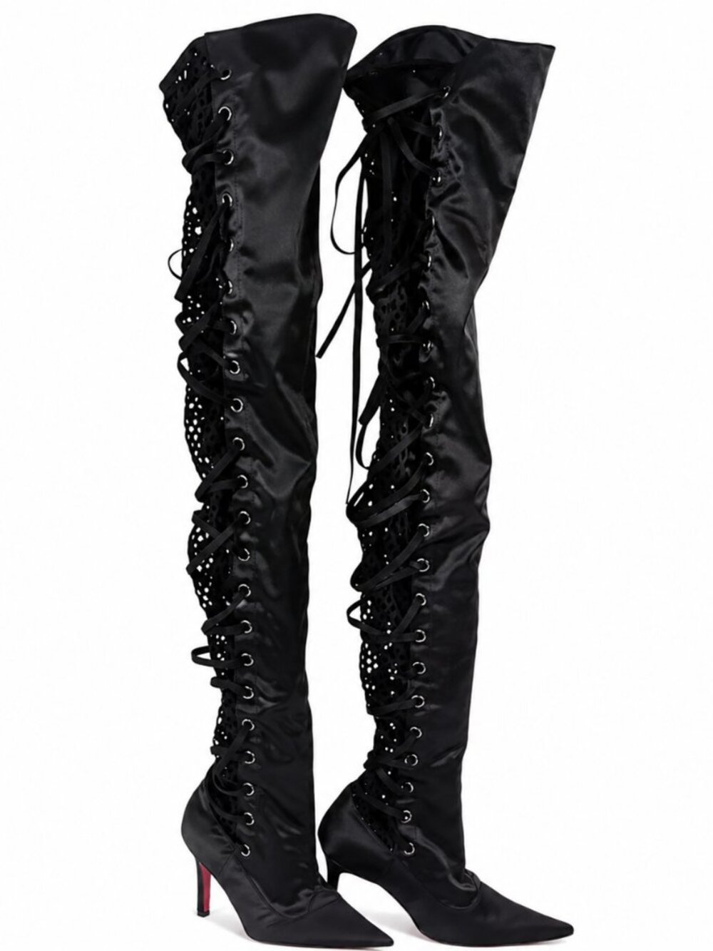 Colin Stuart Satin Mesh Lace-Up Thigh High Boots Black 8.5
